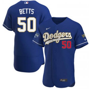 Men's Los Angeles Dodgers #50 Mookie Betts 2021 Gold Program Royal Blue Flex Base Sttiched Baseball Jersey