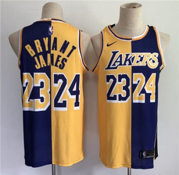 Men's Los Angeles Lakers #23 LeBron James #24 Kobe Brant Purple Gold Split Special Stitched Basketball Jersey