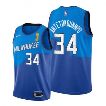 Milwaukee Bucks 2021 NBA Finals Champions Giannis Antetokounmpo #34 City Edition Jersey Blue