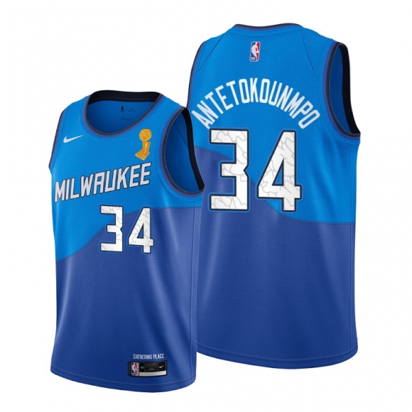 Milwaukee Bucks 2021 NBA Finals Champions Giannis Antetokounmpo #34 City Edition Jersey Blue