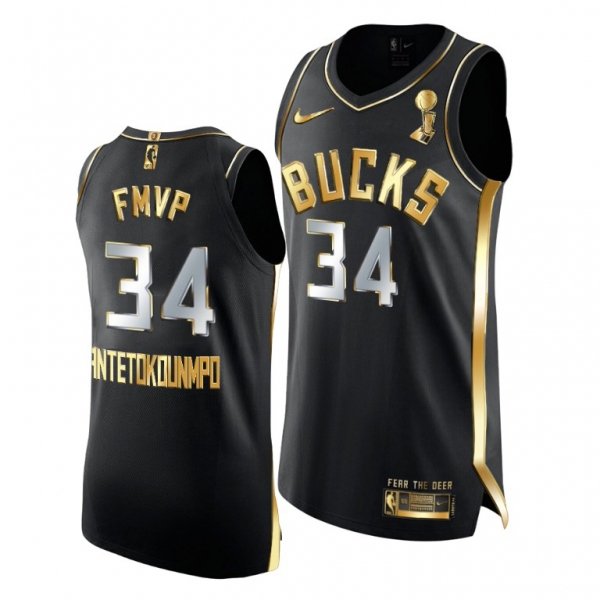 Milwaukee Bucks #34 Giannis Antetokounmpo Black 2021 FMVP Jersey Golden Edition