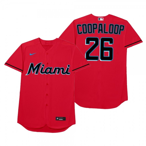 Miami Marlins Garrett Cooper Coopaloop Red 2021 Players' Weekend Nickname Jersey