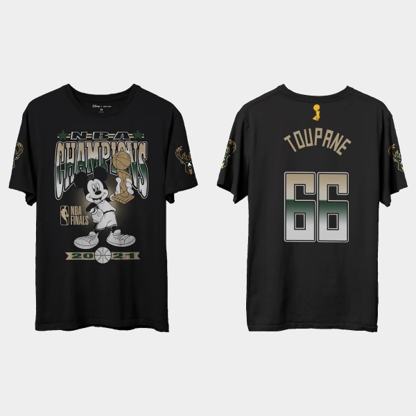 Milwaukee Bucks Junk Food Black 2021 NBA Finals Champions Axel Toupane #66 Mickey T-shirt