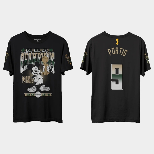 Milwaukee Bucks Junk Food Black 2021 NBA Finals Champions Bobby Portis #9 Mickey T-shirt