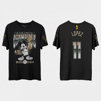 Milwaukee Bucks Junk Food Black 2021 NBA Finals Champions Brook Lopez #11 Mickey T-shirt