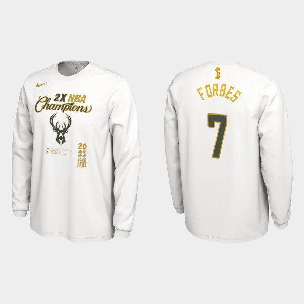 Milwaukee Bucks White 2021 NBA Finals Champions Bryn Forbes #7 Locker Room Long Sleeve T-shirt