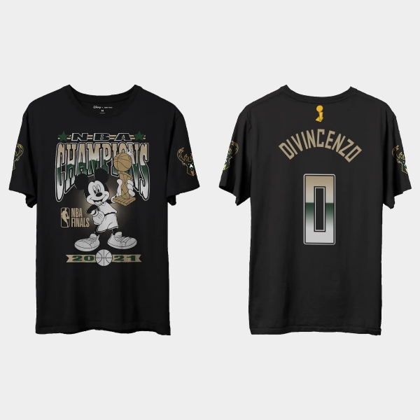 Milwaukee Bucks Junk Food Black 2021 NBA Finals Champions Donte DiVincenzo #0 Mickey T-shirt