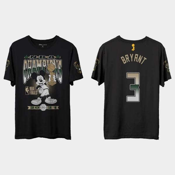 Milwaukee Bucks Junk Food Black 2021 NBA Finals Champions Elijah Bryant #3 Mickey T-shirt