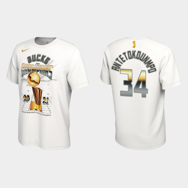 Milwaukee Bucks Nike White 2021 NBA Finals Champions Giannis Antetokounmpo #34 Celebration Expressive T-shirt