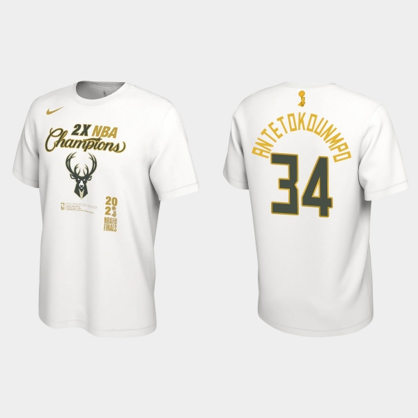 Milwaukee Bucks Nike White 2021 NBA Finals Champions Giannis Antetokounmpo #34 Locker Room T-shirt