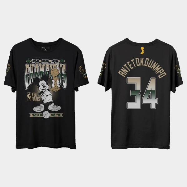 Milwaukee Bucks Junk Food Black 2021 NBA Finals Champions Giannis Antetokounmpo #34 Mickey T-shirt