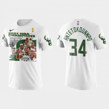 Milwaukee Bucks White 2021 NBA Finals Champions Giannis Antetokounmpo #34 Player Graphic T-shirt