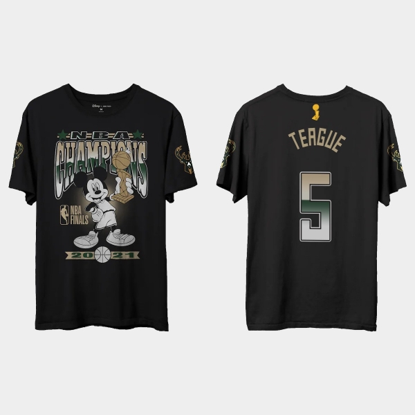 Milwaukee Bucks Junk Food Black 2021 NBA Finals Champions Jeff Teague #5 Mickey T-shirt