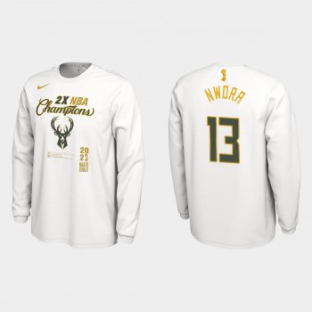 Milwaukee Bucks White 2021 NBA Finals Champions Jordan Nwora #13 Locker Room Long Sleeve T-shirt