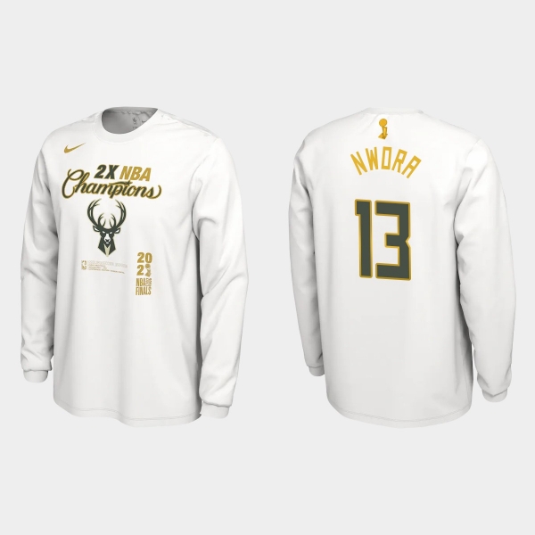 Milwaukee Bucks White 2021 NBA Finals Champions Jordan Nwora #13 Locker Room Long Sleeve T-shirt