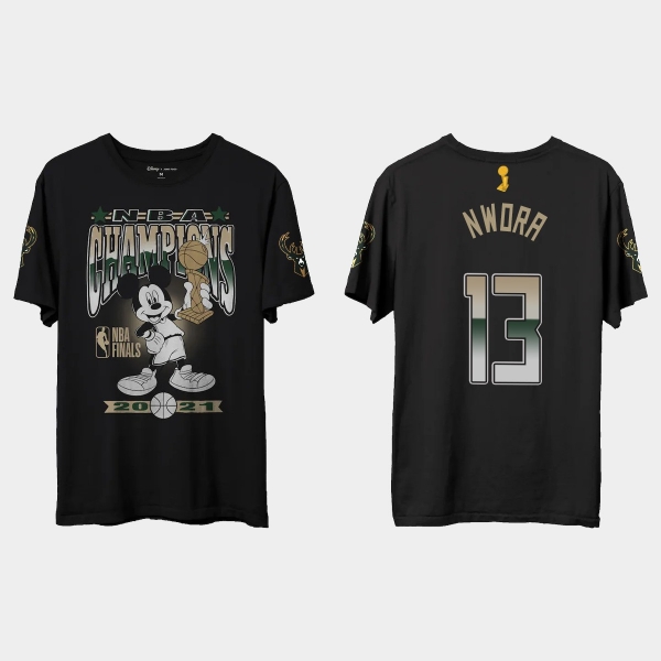 Milwaukee Bucks Junk Food Black 2021 NBA Finals Champions Jordan Nwora #13 Mickey T-shirt