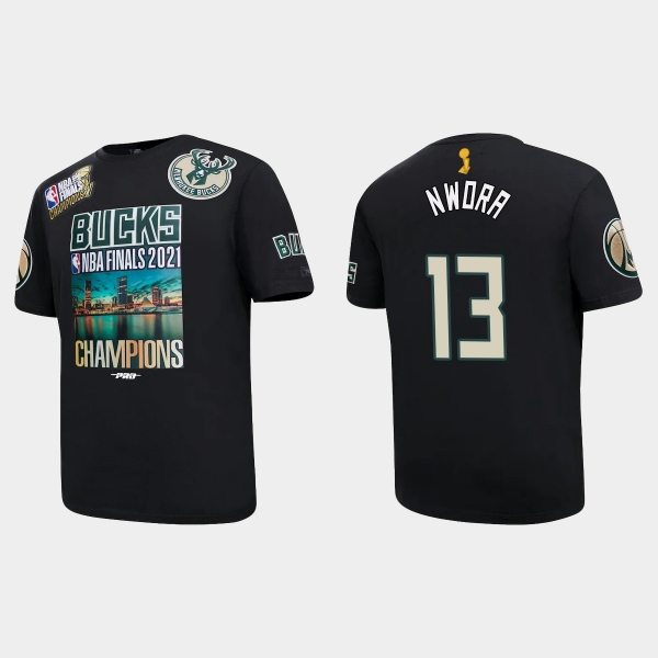 Milwaukee Bucks Black 2021 NBA Finals Champions Jordan Nwora #13 Pro Team T-shirt