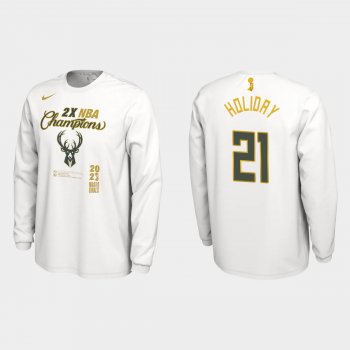 Milwaukee Bucks White 2021 NBA Finals Champions Jrue Holiday #21 Locker Room Long Sleeve T-shirt