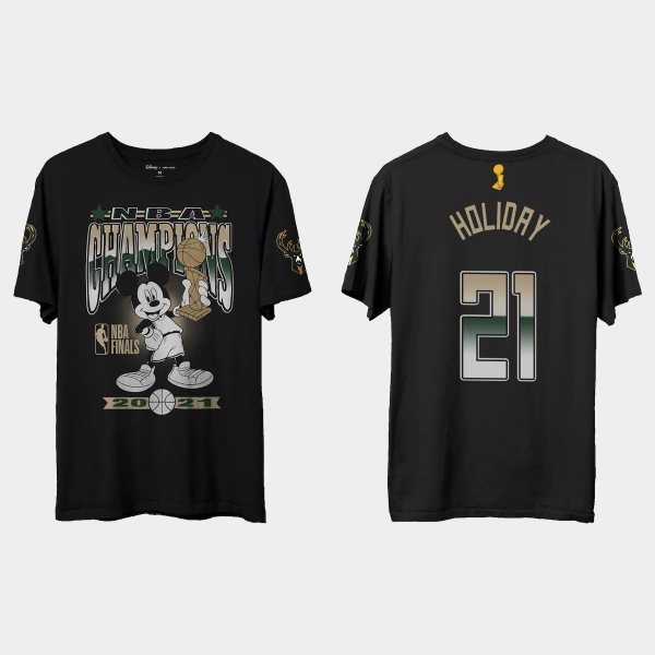 Milwaukee Bucks Junk Food Black 2021 NBA Finals Champions Jrue Holiday #21 Mickey T-shirt