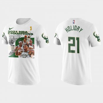 Milwaukee Bucks White 2021 NBA Finals Champions Jrue Holiday #21 Player Graphic T-shirt