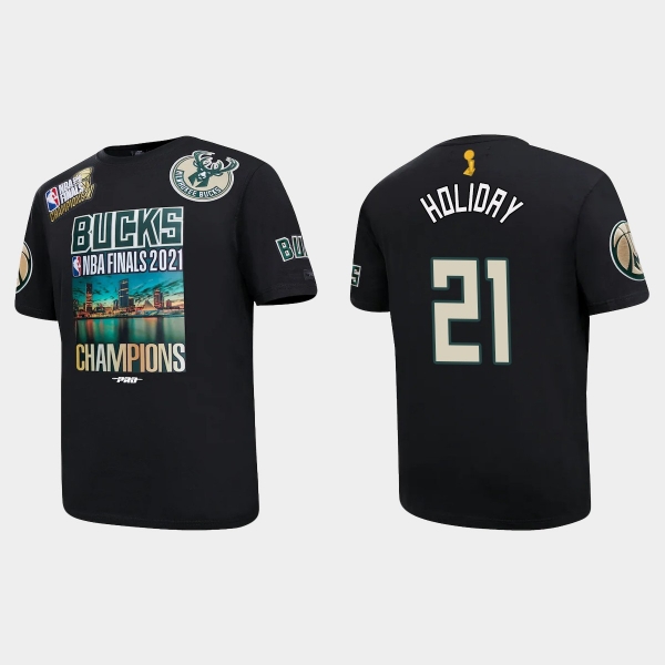 Milwaukee Bucks Black 2021 NBA Finals Champions Jrue Holiday #21 Pro Team T-shirt