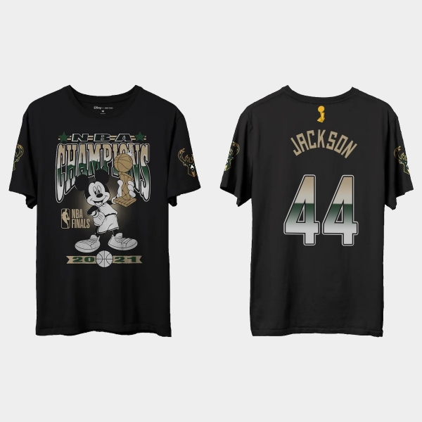 Milwaukee Bucks Junk Food Black 2021 NBA Finals Champions Justin Jackson #44 Mickey T-shirt