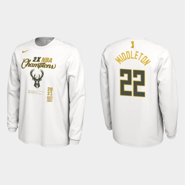 Milwaukee Bucks White 2021 NBA Finals Champions Khris Middleton #22 Locker Room Long Sleeve T-shirt