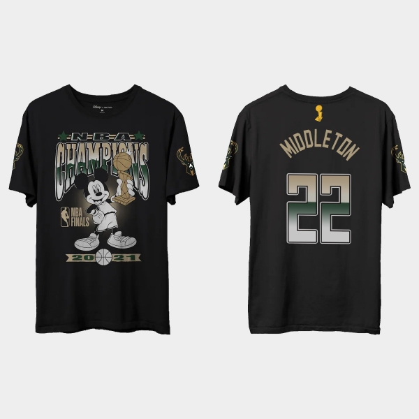 Milwaukee Bucks Junk Food Black 2021 NBA Finals Champions Khris Middleton #22 Mickey T-shirt