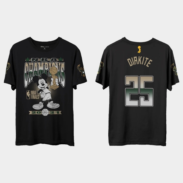 Milwaukee Bucks Junk Food Black 2021 NBA Finals Champions Mamadi Diakite #25 Mickey T-shirt