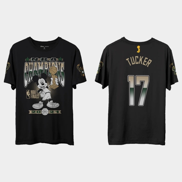 Milwaukee Bucks Junk Food Black 2021 NBA Finals Champions P.J. Tucker #17 Mickey T-shirt