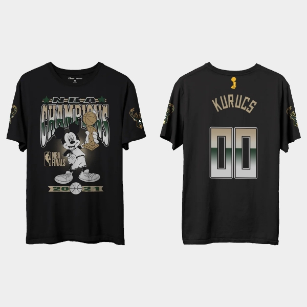 Milwaukee Bucks Junk Food Black 2021 NBA Finals Champions Rodions Kurucs #00 Mickey T-shirt