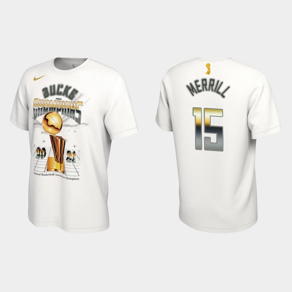 Milwaukee Bucks Nike White 2021 NBA Finals Champions Sam Merrill #15 Celebration Expressive T-shirt