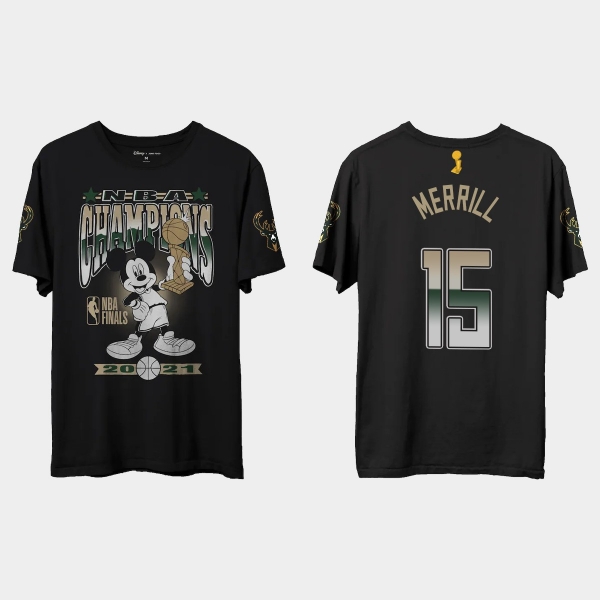 Milwaukee Bucks Junk Food Black 2021 NBA Finals Champions Sam Merrill #15 Mickey T-shirt