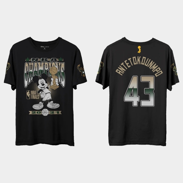 Milwaukee Bucks Junk Food Black 2021 NBA Finals Champions Thanasis Antetokounmpo #43 Mickey T-shirt