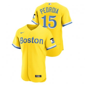 Men's Boston Red Sox #15 Dustin Pedroia Authentic 2021 City Connect Gold Nike Jersey