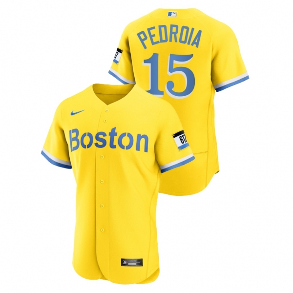 Men's Boston Red Sox #15 Dustin Pedroia Authentic 2021 City Connect Gold Nike Jersey