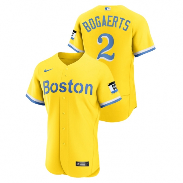 Men's Boston Red Sox #2 Xander Bogaerts Authentic 2021 City Connect Gold Nike Jersey