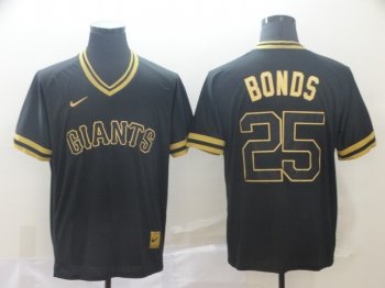 MLB Giants 25 Barry Bonds Black Gold Nike Cooperstown Legend V Neck Men Jersey