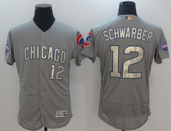 Mens Chicago Cubs #12 Kyle Schwarber Grey Road 2016 World Series Champions jersey