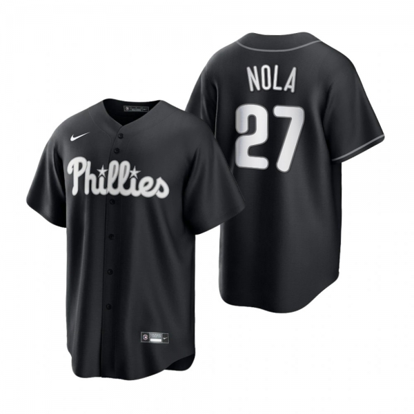 Men's Philadelphia Phillies Aaron Nola Nike Black White 2021 All Black Fashion Replica Jersey