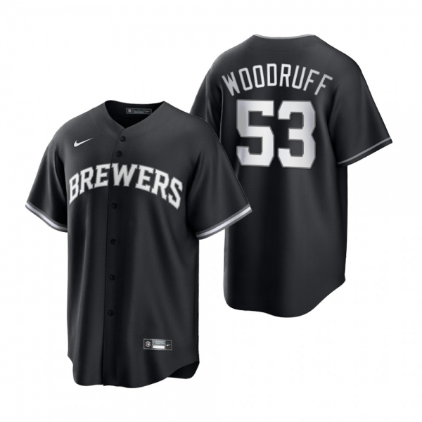 Men's Milwaukee Brewers Brandon Woodruff Nike Black White 2021 All Black Fashion Replica Jersey