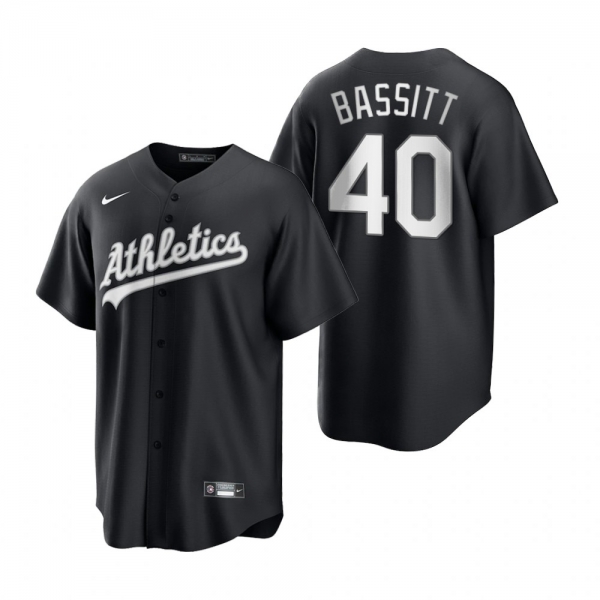 Men's Oakland Athletics Chris Bassitt Nike Black White 2021 All Black Fashion Replica Jersey