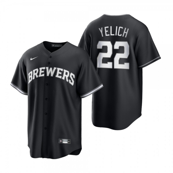 Men's Milwaukee Brewers Christian Yelich Nike Black White 2021 All Black Fashion Replica Jersey