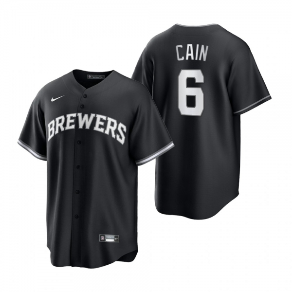 Men's Milwaukee Brewers Lorenzo Cain Nike Black White 2021 All Black Fashion Replica Jersey