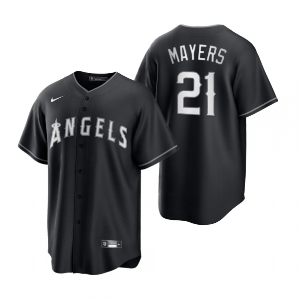 Men's Los Angeles Angels Mike Mayers Nike Black White 2021 All Black Fashion Replica Jersey