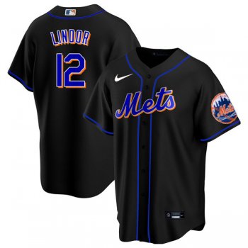 Men's #12 Francisco Lindor New York Mets Black Jersey Home Games Replica All Stitched