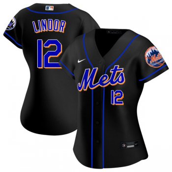 Women's #12 Francisco Lindor New York Mets Black Jersey Home Games Limited All Stitched