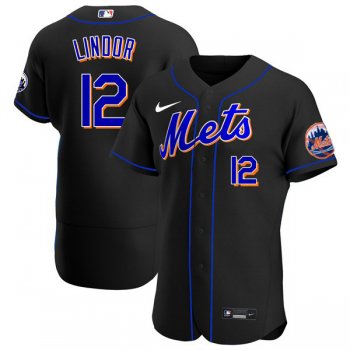 Men's #12 Francisco Lindor New York Mets Black Jersey Home Games Authentic All Stitched