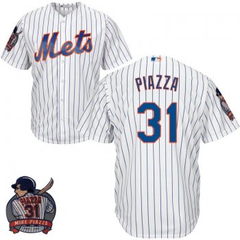 Male New York Mets #31 Mike Piazza White Cool Base Jersey with Sleeve Patch