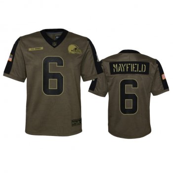 Youth Cleveland Browns Baker Mayfield Olive 2021 Salute To Service Game Jersey